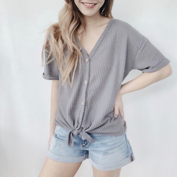 Tie Waffle Knit Top Dark Grey - Picture 3 of 8